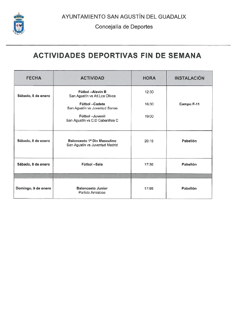 Actividades deportivas fin de semana 8 y 9 de enero