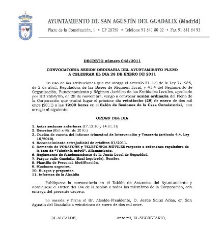 Convocatoria sesión ordinaria del ayuntamiento pleno a celebrar el día 28 de enero de 2011