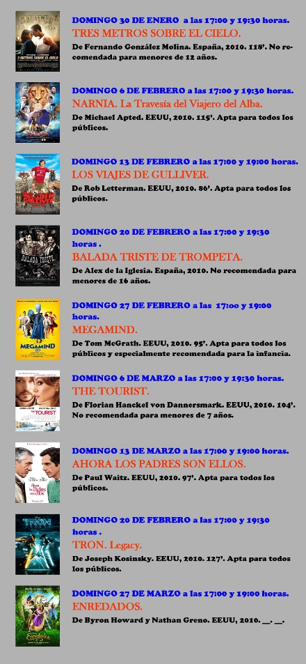 Programación de Cine para los meses de Febrero y Marzo