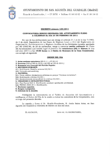 Convocatoria de Sesión Ordinaria del Pleno del ayuntamiento el 25 de febrero