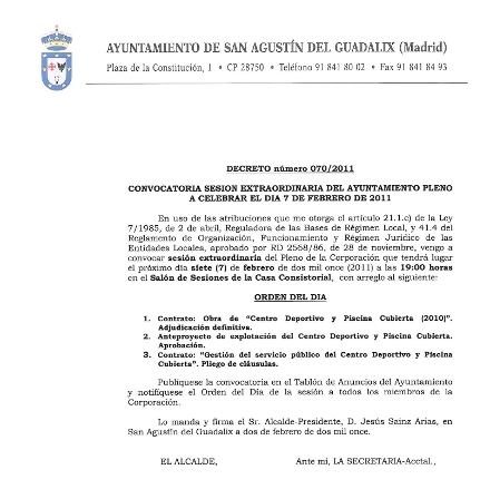 Convocatoria del pleno extraordinario 7 de febrero