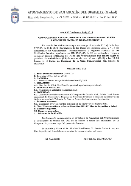 Convocatoria Sesión Ordinaria Pleno del Ayuntamiento 25 marzo 2011