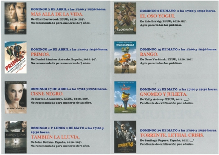 Programación de cine para los meses de abril y mayo