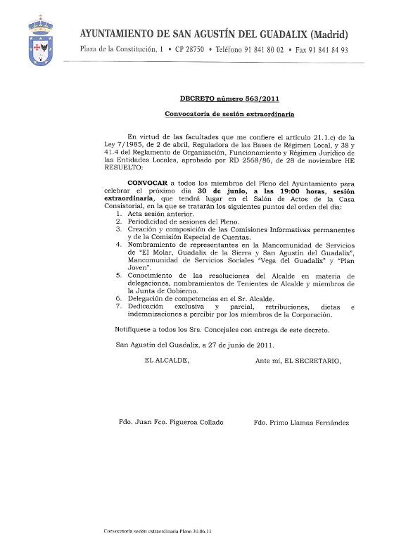 Convocatoria de Sesión Extraordinaria del pleno 30 junio