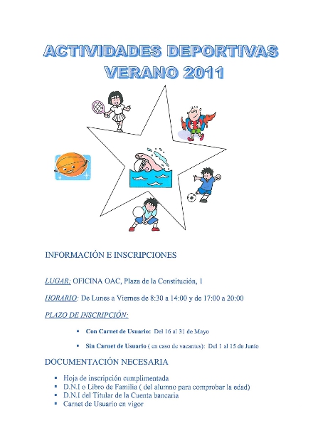 Plazos de Inscripción para Ludoteca, Campus Artístico y Actividades Deportivas Verano 2011