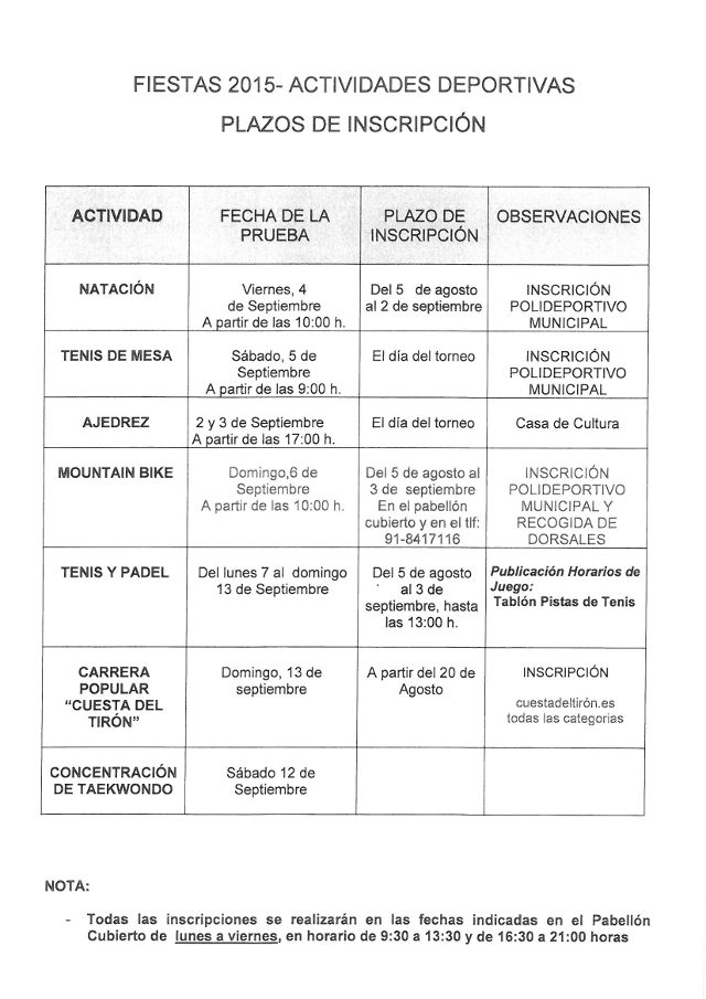 Plazos de inscripción de actividades deportivas para las Fiestas Patronales