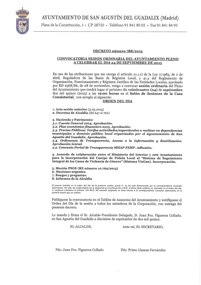 Convocatoria sesión ordinaria del pleno del ayuntamiento 24 septiembre