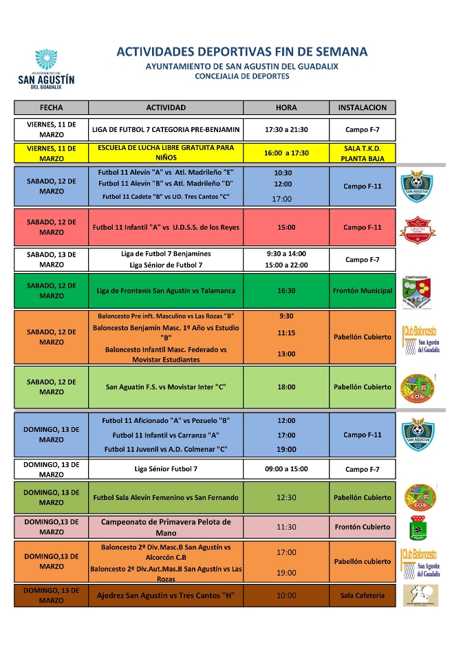 Actividades deportivas para los días 11, 12 y 13 de marzo