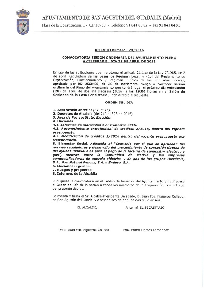 Convocatoria de la sesión ordinaria del pleno del ayuntamiento para el día 28 de abril de 2016