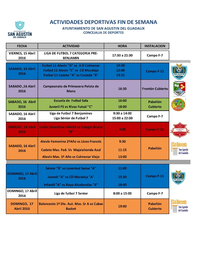 Actividades deportivas de los días 15, 16 y 17 de abril