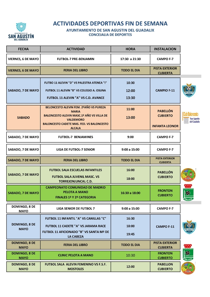 Actividades deportivas para los días 6, 7 y 8 de mayo