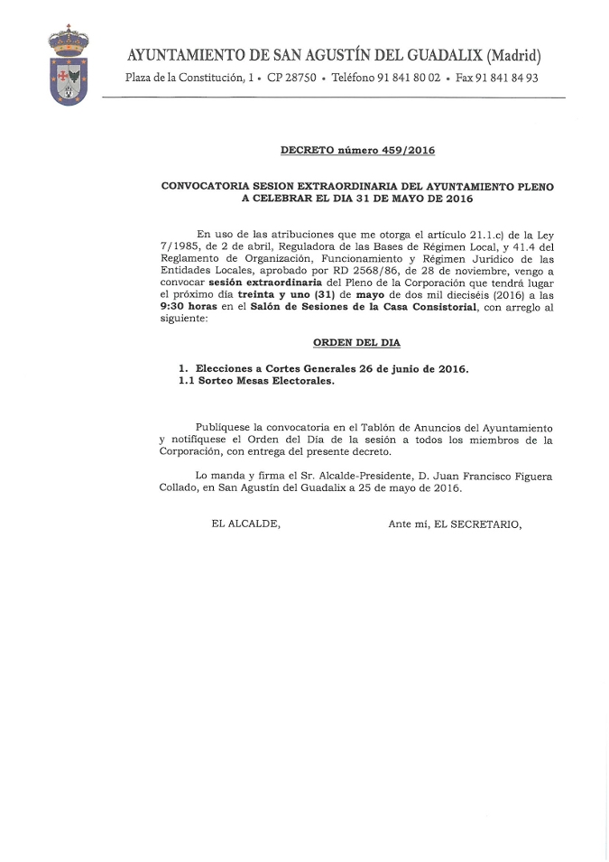Convocatoria de pleno extraordinario 31 de mayo