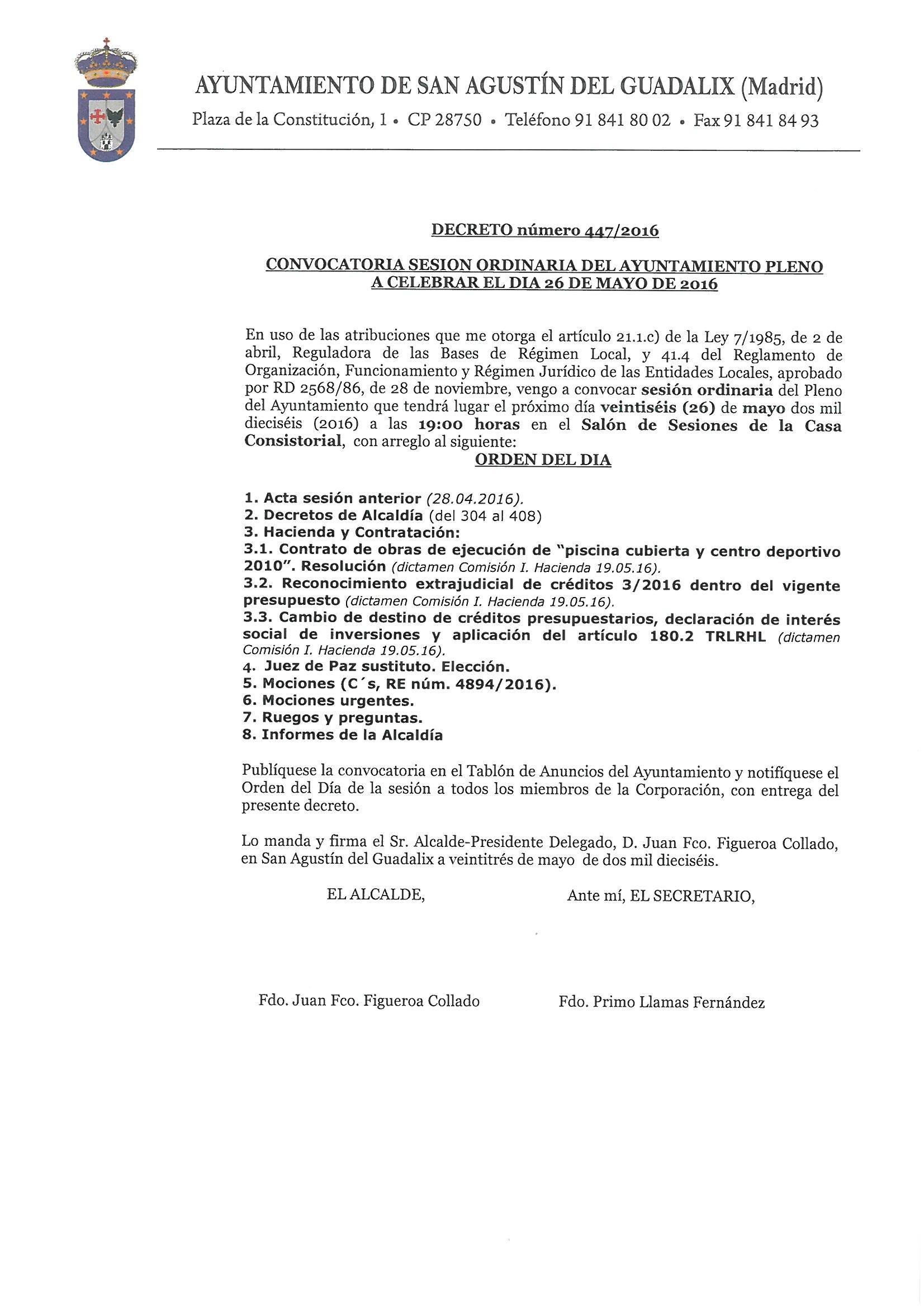 Convocatoria de la sesión ordinaria del pleno del ayuntamiento para el día 26 de mayo