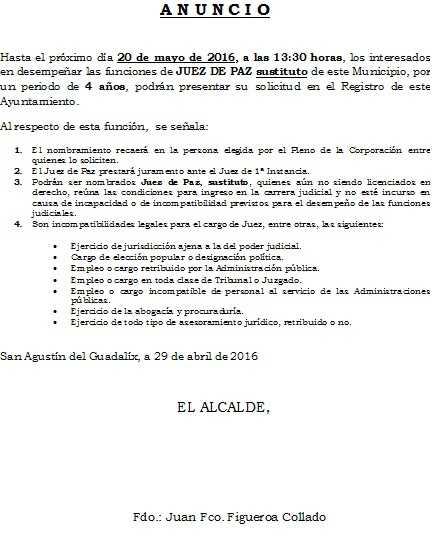 Nuevo plazo de Juez de Paz Sustituto
