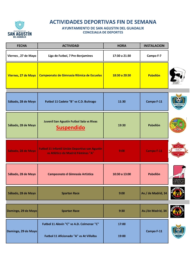 Actividades deportivas para los días 28 y 29 de mayo