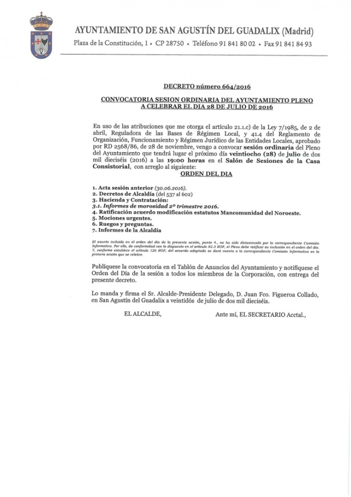 Convocatoria del pleno del ayuntamiento a celebrar el 28 de julio