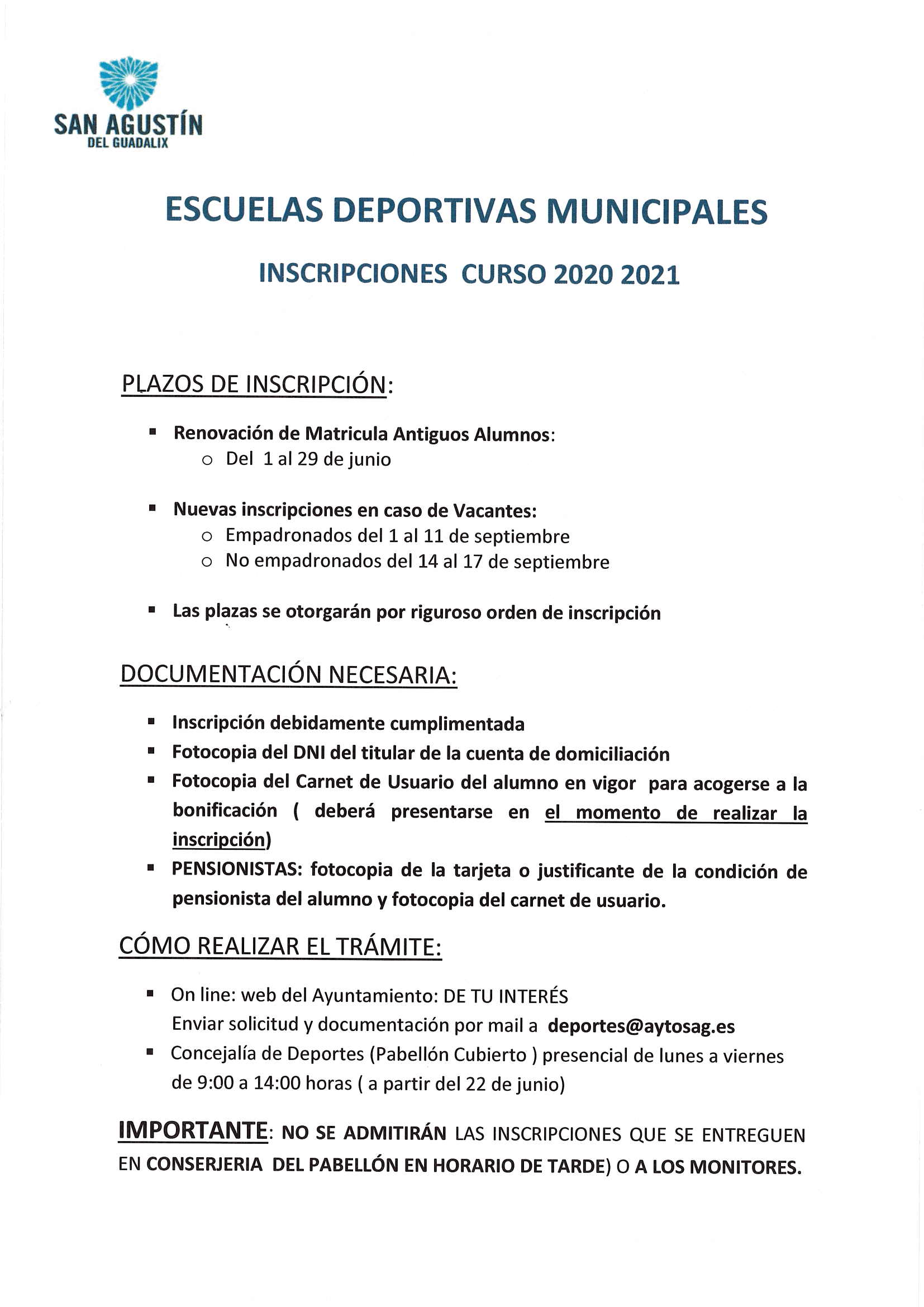 PERIODO DE RENOVACIÓN Y NUEVAS INSCRIPCIONES EN ACTIVIDADES DEPORTIVAS 2020-2021