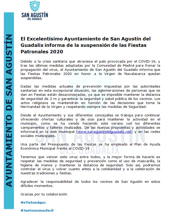 EL AYUNTAMIENTO DE SAN AGUSTÍN DEL GUADALIX INFORMA DE LA SUSPENSIÓN DE LAS FIESTAS PATRONALES 2020