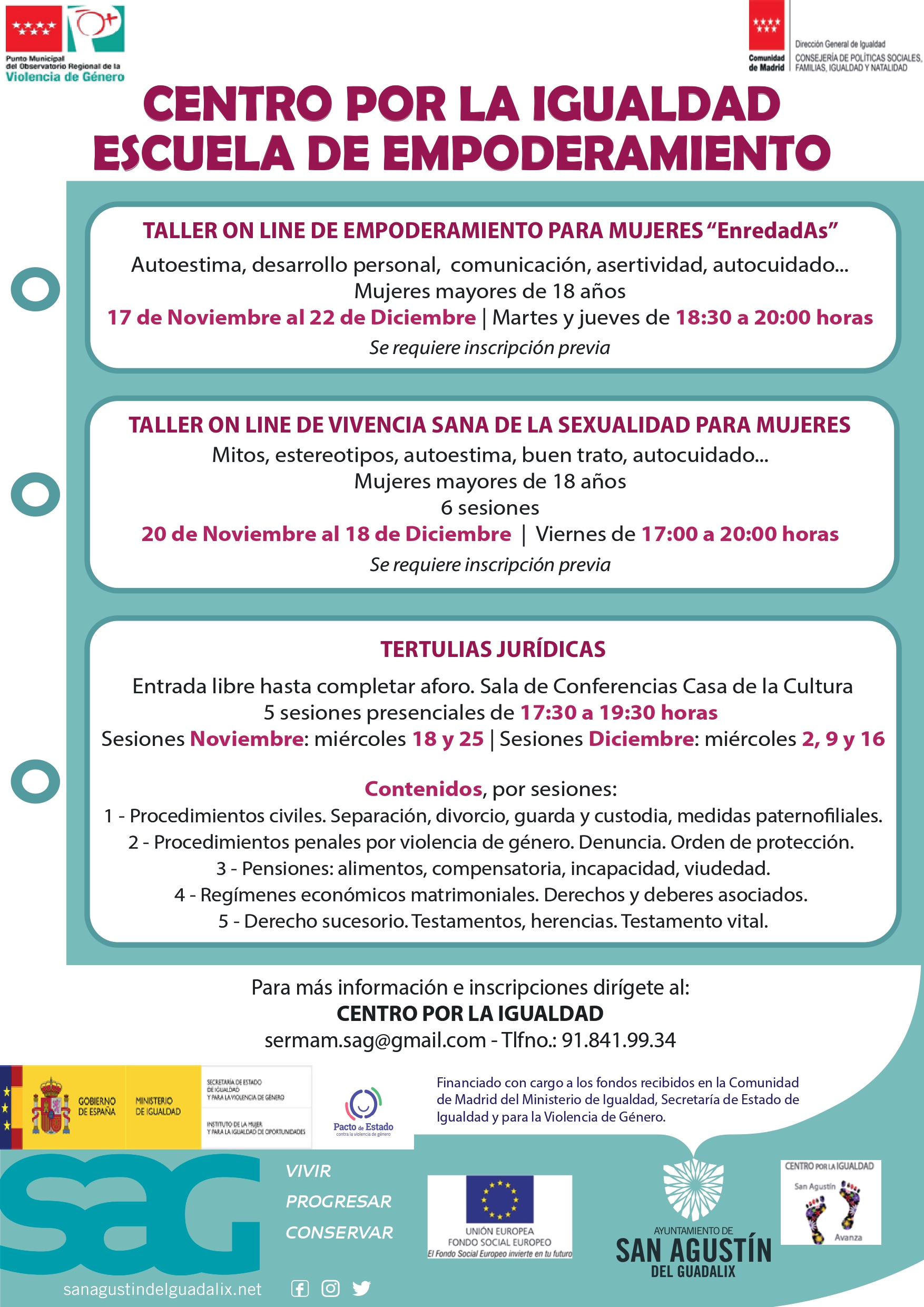 INSCRÍBETE EN LOS ÚLTIMOS TALLERES DE NOVIEMBRE Y DICIEMBRE QUE NOS PROPONE IGUALDAD
