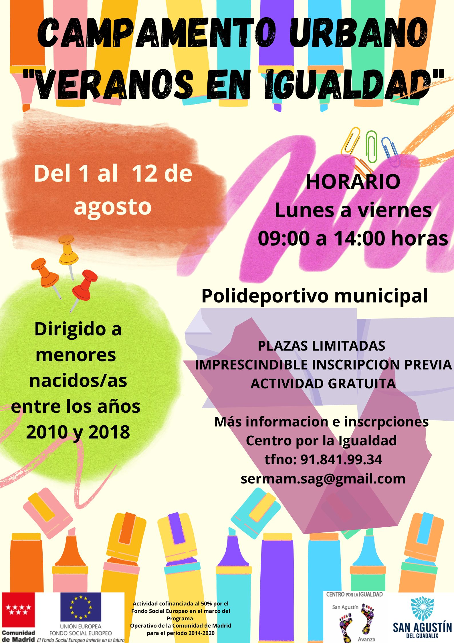 INSCRIPCIONES PARA EL CAMPAMENTO URBANO ‘VERANOS EN IGUALDAD’, DEL 1 AL 12 DE AGOSTO